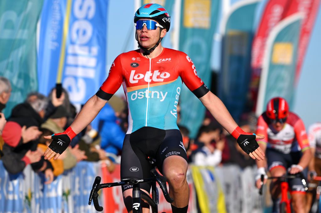 BELLEGARDESURVALSERINE FRANCE FEBRUARY 01 Arnaud De Lie of Belgium and Team Lotto Dstny celebrates at finish line as stage winner during the 53rd Etoile de Besseges Tour Du Gard 2023 Stage 1 a 16218km stage from Bellegarde to Bellegarde EDB2021 on February 01 2023 in BellegardesurValserine France Photo by Luc ClaessenGetty Images