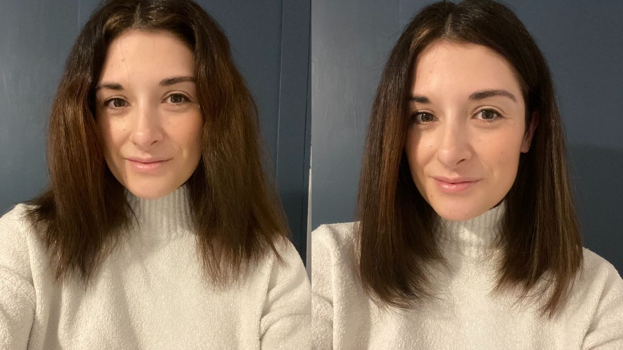 Side-by-side before and after results photos of a woman with frizzy hair, then straightened hair from using the Dyson Corrale