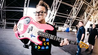 Mark Hoppus of Blink-182 poses backstage at the Sahara Tent during the 2023 Coachella Valley Music and Arts Festival 