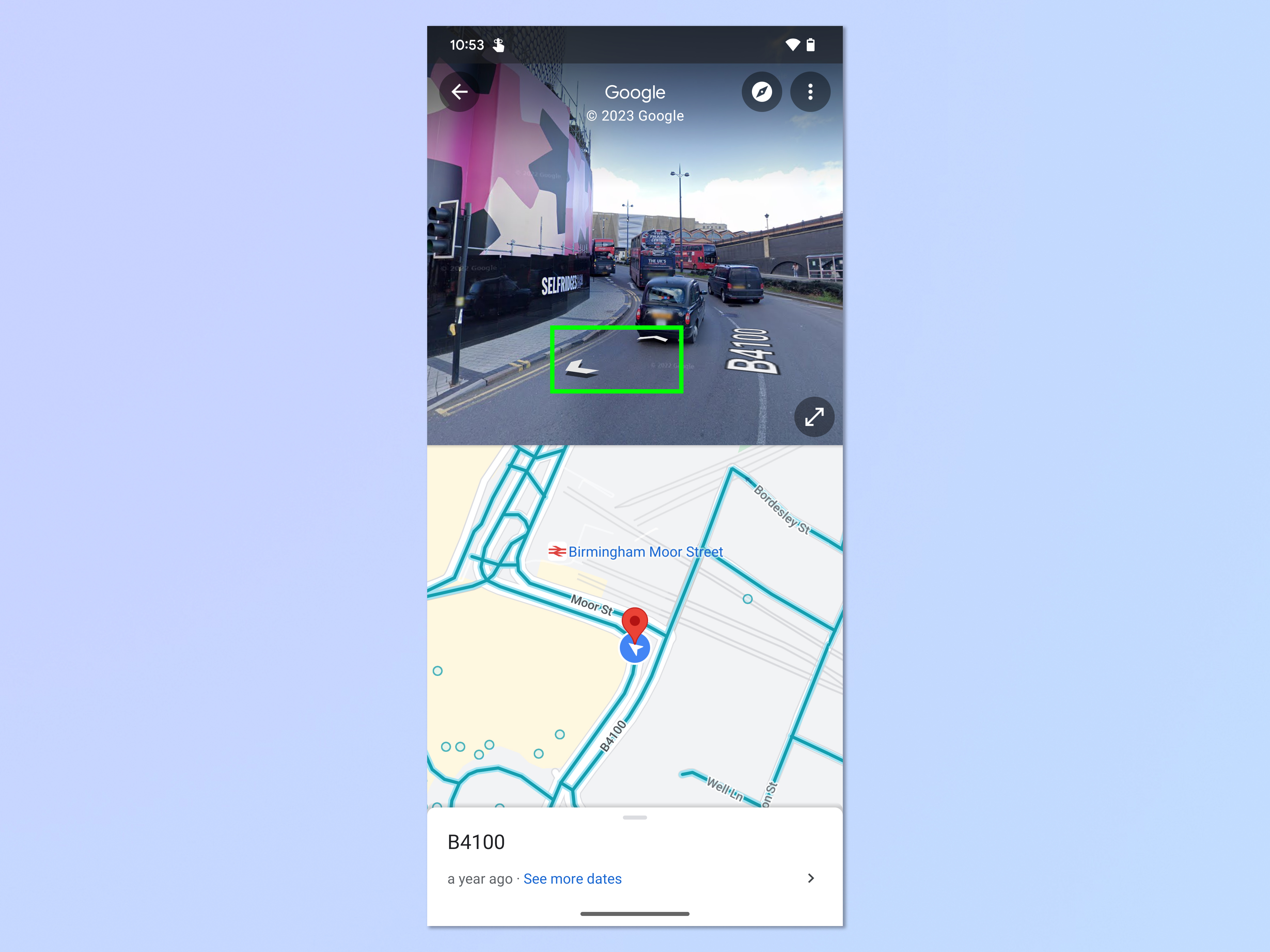 Una captura de pantalla que muestra cómo usar Google Maps Street View en Android