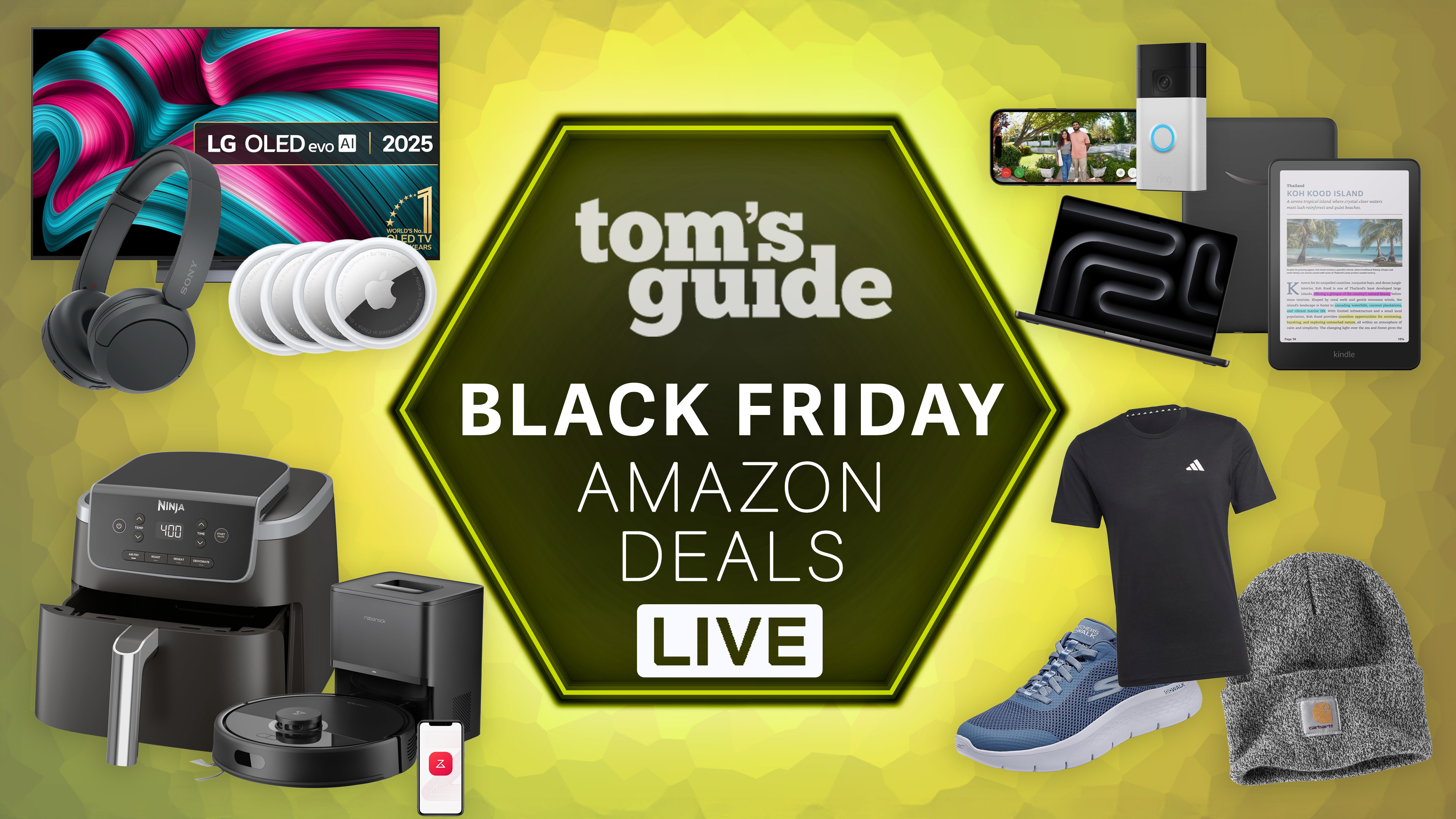 a yellow background image with a tom&#039;s guide black friday amazon deals live badge showing a range of products like apple macbook pro, carhartt hat, ninja air fryer, and lg oled tv