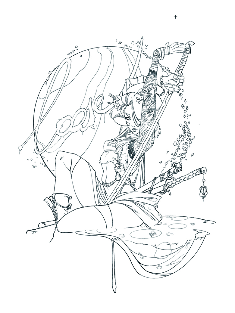 Watercolour geisha; outline sketch in pencil