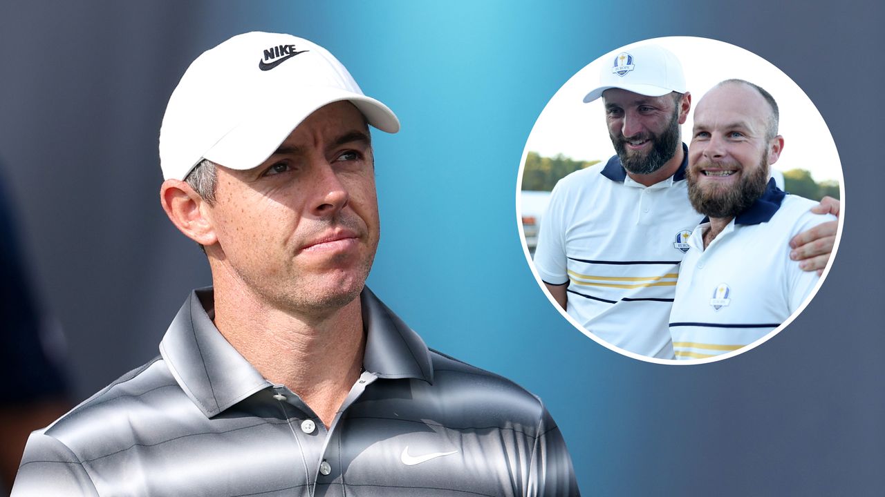 Rory McIlroy wearing a grey Nike polo and white cap and an inset of Jon Rahm and Tyrrell Hatton embracing at the 2025 Ryder Cup