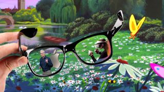 A mixed reality depiction of the PSVR 2 and Apple CEO Tim Cook over Disney's Wonderland