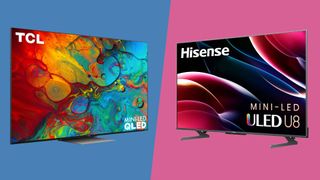 TCL 6-Series TV on blue background and Hisense U8H series TV on pink background
