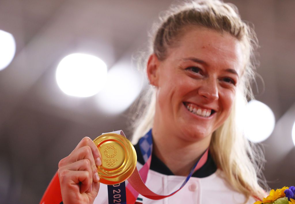 IZU JAPAN AUGUST 08 Gold medalist Kelsey Mitchell of Team Canada poses during the medal ceremony after the Womens sprint finals of the track cycling on day sixteen of the Tokyo 2020 Olympic Games at Izu Velodrome on August 08 2021 in Izu Shizuoka Japan Photo by Tim de WaeleGetty Images