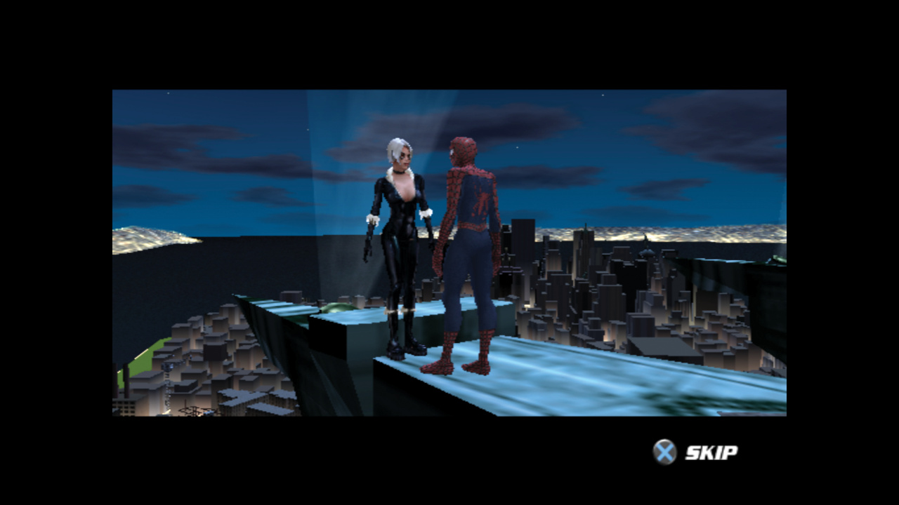 Spider-Man and Black Cat talk above the city, from Retro Gamer's Making of Spider-Man 2: The Game