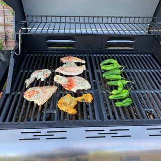 Grill with chicken and peppers on