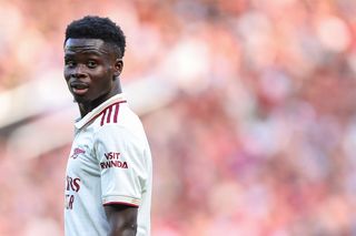 Bukayo Saka of Arsenal during the Premier League match between Manchester United and Arsenal at Old Trafford on August 17, 2025 in Manchester, England.