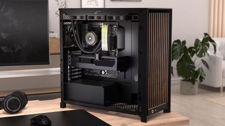 Corsair's Frame 5000D case (in black) with wooden front panel, and side panel open