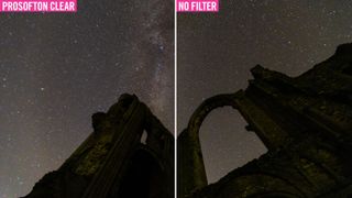 An astrophotography image of the Milky Way showing the difference in pictures with and without the Kenko Prosofton Clear filter attached