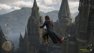 a wizard flying on a broom in Hogwarts Legacy, soaring around Hogwarts castle