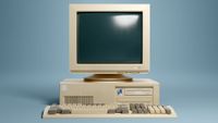 Retro 1990s style beige desktop PC computer and monitor screen and keyboard. 3D illustration.