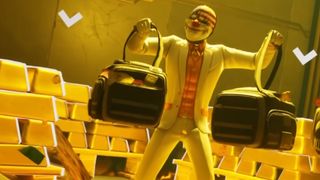 Heist Escape Roguelike: Payday Experience trailer still - Payday clown mask guy holding big bags of cash