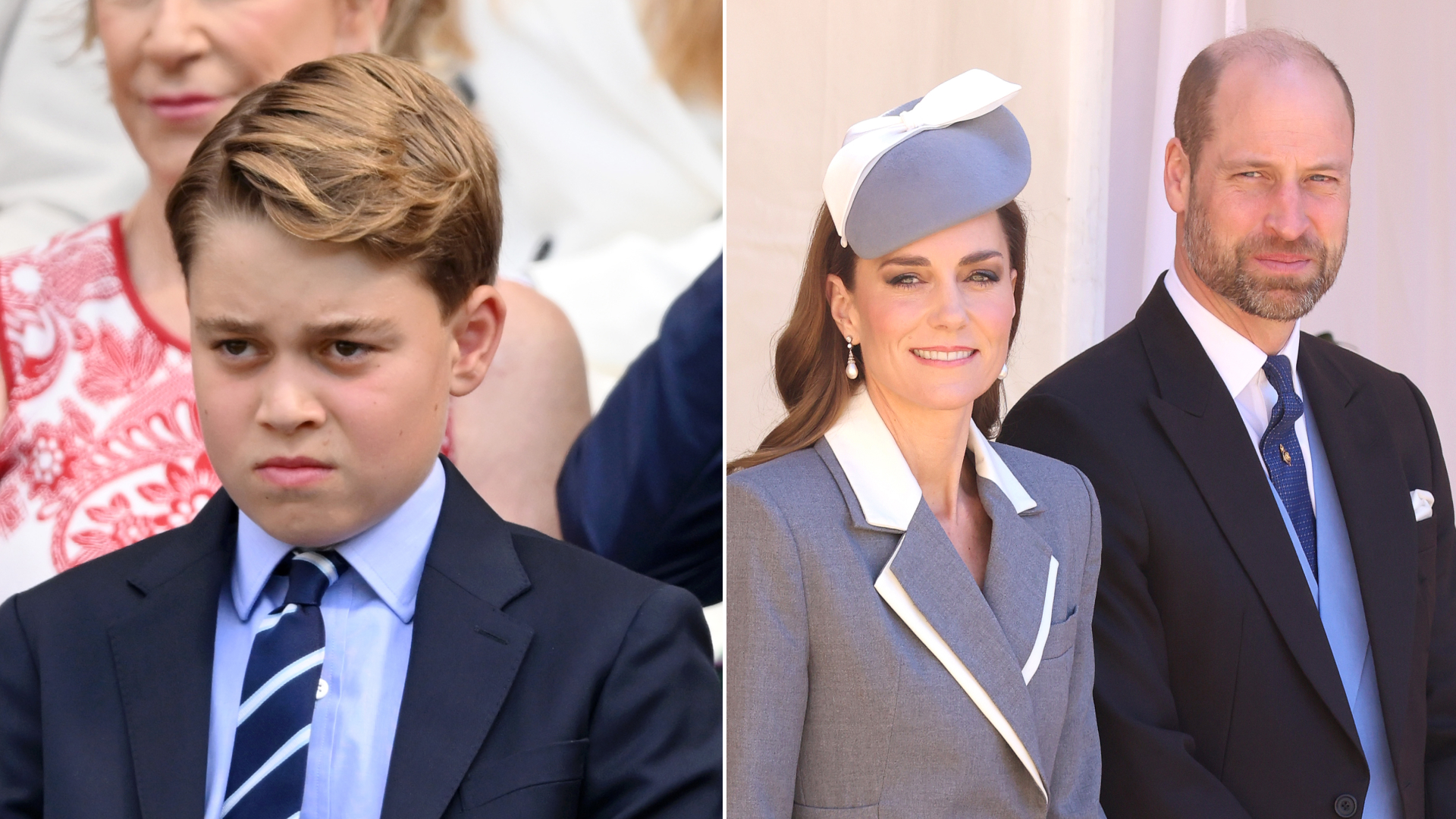 Prince George wears a navy suit with a light blue shirt and striped tie and scowls
