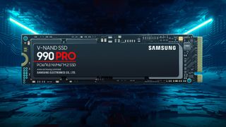 Samsung 990 Pro SSD on a rendered futuristic background