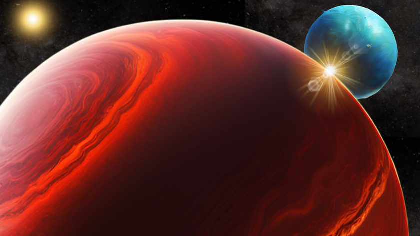 An illustration showing the gas giant planet HD 206893 B and its potential exomoon