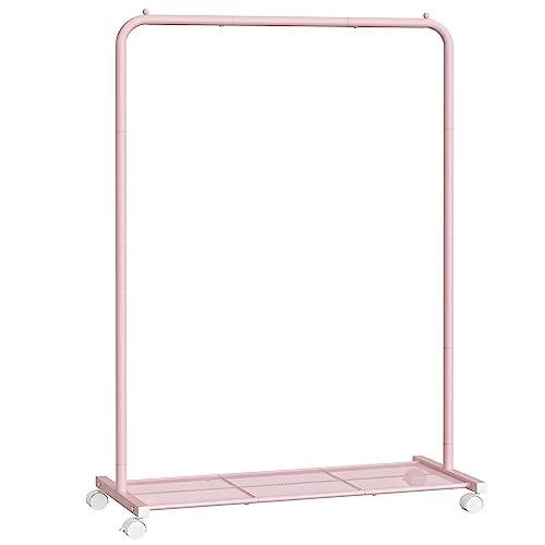Songmics Clothes Rack With Wheels, Clothing Rack for Hanging Clothes, 25.4mm Metal Garment Rack With Dense Mesh Storage Shelf, 110 Lb Load Capacity, 2 Brakes, Pink Uhsr025p01