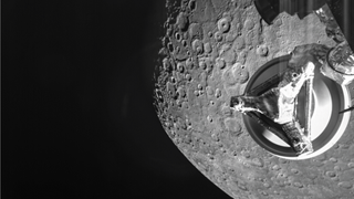 The BepiColombo mission flew by Mercury on June 23, 2023 for the second time. Also visible in foreground, is the spacecraft's high-gain antenna.