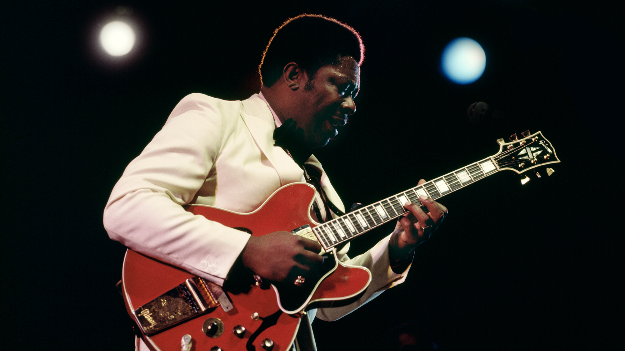 American singer, songwriter and guitarist B.B. King (1925-2015) plays a Gibson ES-355 guitar live on stage at the Newport Jazz Festival in Newport, Rhode Island on 6 July 1969.