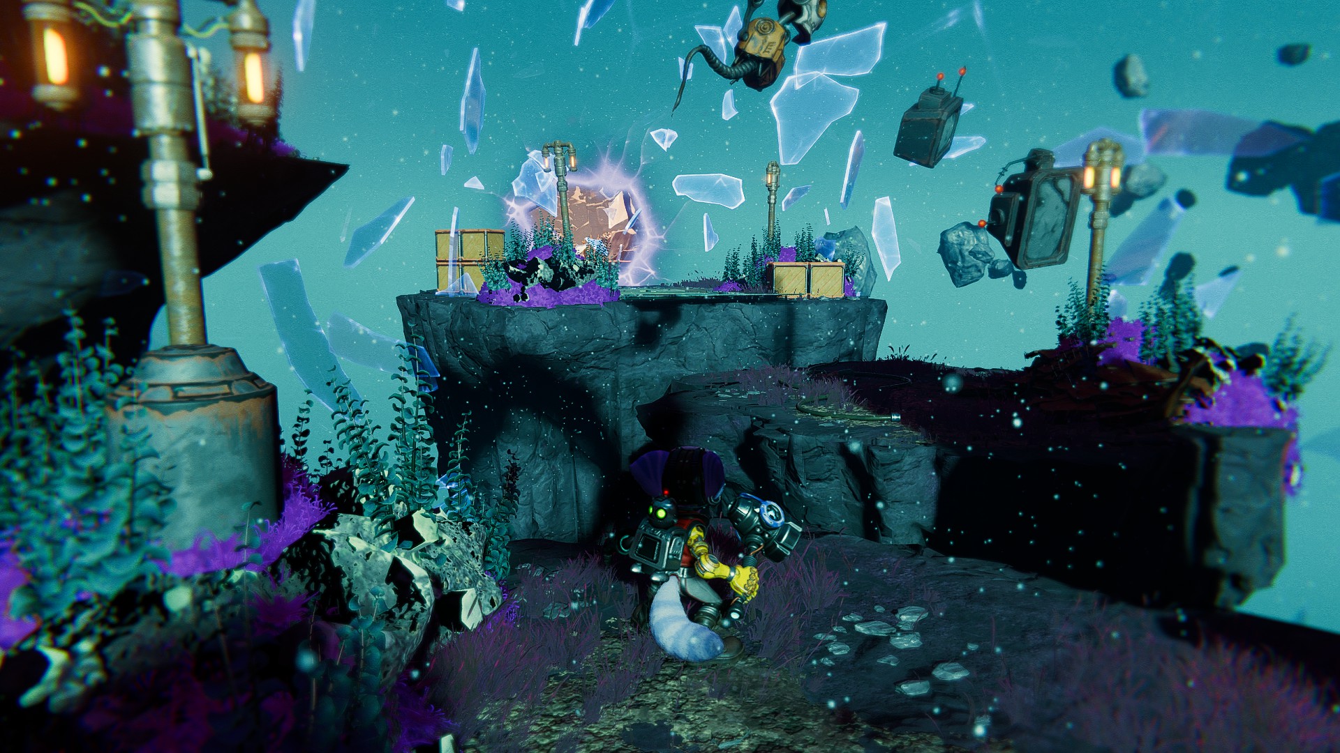 Rivet and Clank exploring a dimensional rift in Ratchet & Clank: Rift Apart.