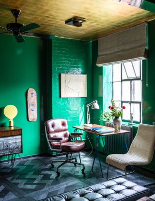 Green home office with gloss walls and gold ceiling