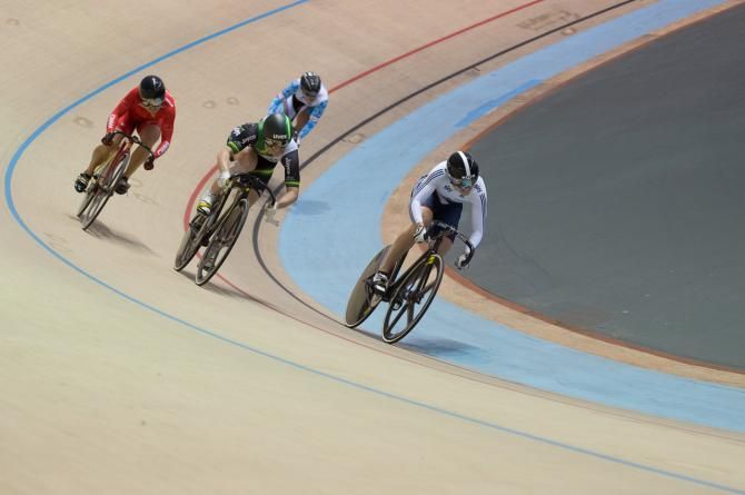 Action from the Women's Keirin at the Track World Cup