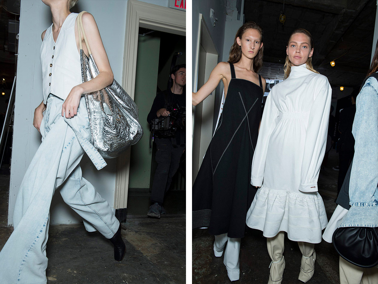 Models wear wide legged jeans, white waistcoat and metallic bag, white dress with cream boots and black dress with white trousers underneath