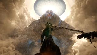 A lone cloaked figure faces a towering mountain beneath a glowing, ornate halo, as storm clouds and a dark winged creature create an epic, ominous fantasy scene.