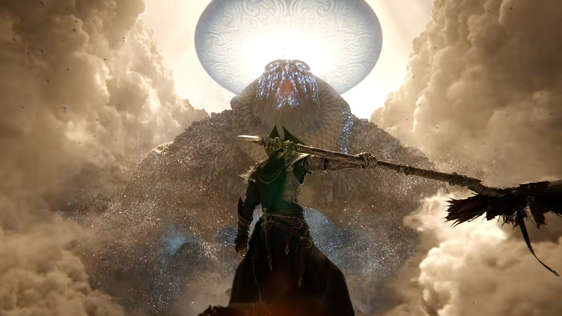A lone cloaked figure faces a towering mountain beneath a glowing, ornate halo, as storm clouds and a dark winged creature create an epic, ominous fantasy scene.