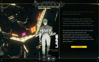 A screenshot from from Citizen Sleeper 2: Starward Vector showing Laine and some narrative text