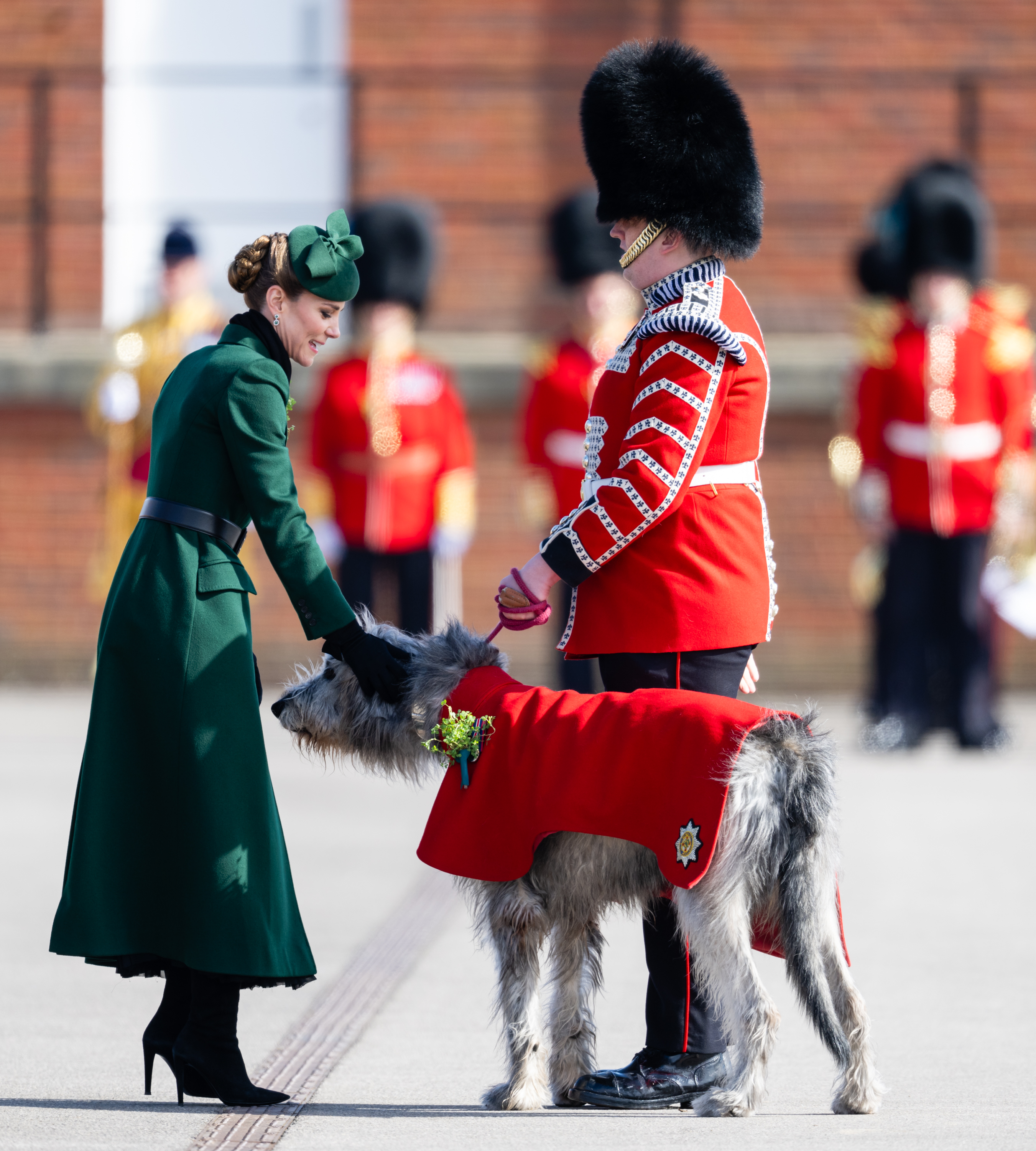 Princess Kate in a green coat petting a dog on St Patrick's Day