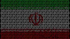 Iran flag with binary code interwoven with 'cyber attack' superimposed on top to denote state-sponsored hacking