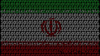 Iran flag with binary code interwoven with 'cyber attack' superimposed on top to denote state-sponsored hacking