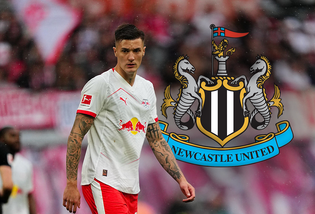 Benjamin Sesko in action for RB Leipzig, with a fat Newcastle United badge superimposed next to him