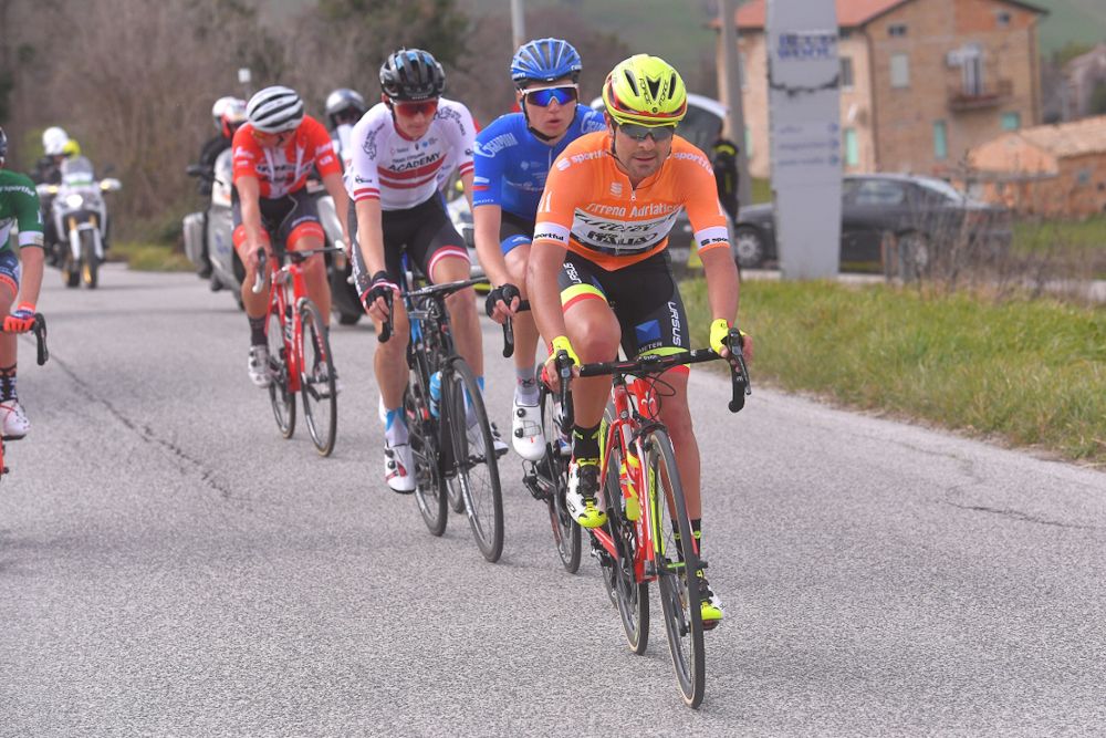 Jacopo Mosca in the orange sprint jersey at Tirreno-Adriatico