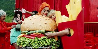 Katy Perry and Taylor Swift as hamburger and fries in You Need To Calm Down music video
