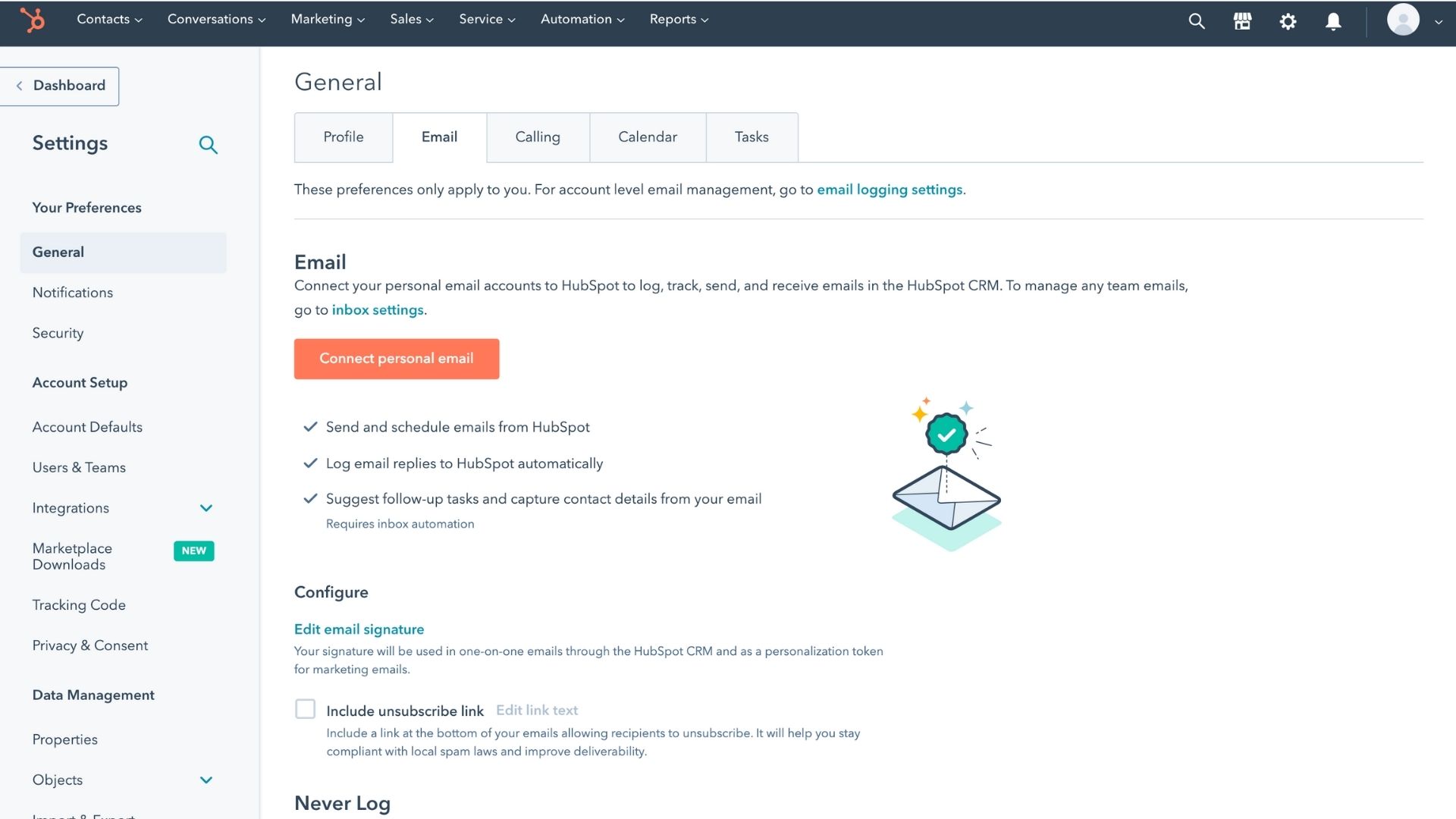 HubSpot's email settings