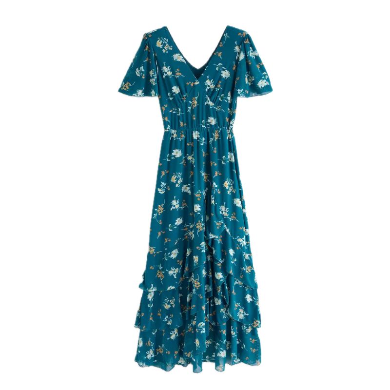 Jolie Moi , Tiered Hem Angel Sleeve Floral Maxi Dress