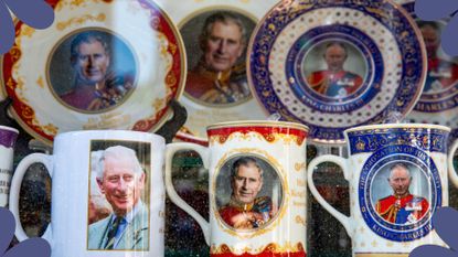 A selection of King Charles memorabilia with blue borders.
