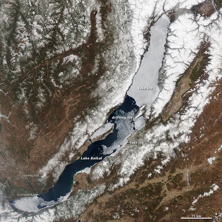 Lake Baikal as seen by NASA&#039;s Aqua satellite on May 4 as the ice that covers it in the winter begins to melt.