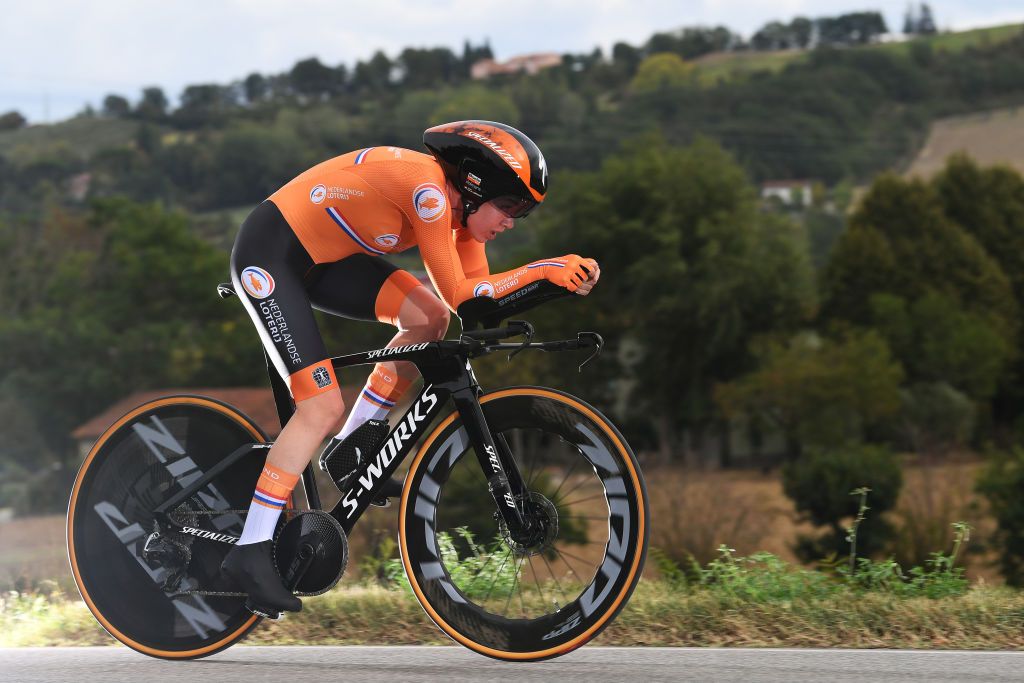 Anna van der Breggen (Netherlands) en route to the world championship title in Imola in 2020