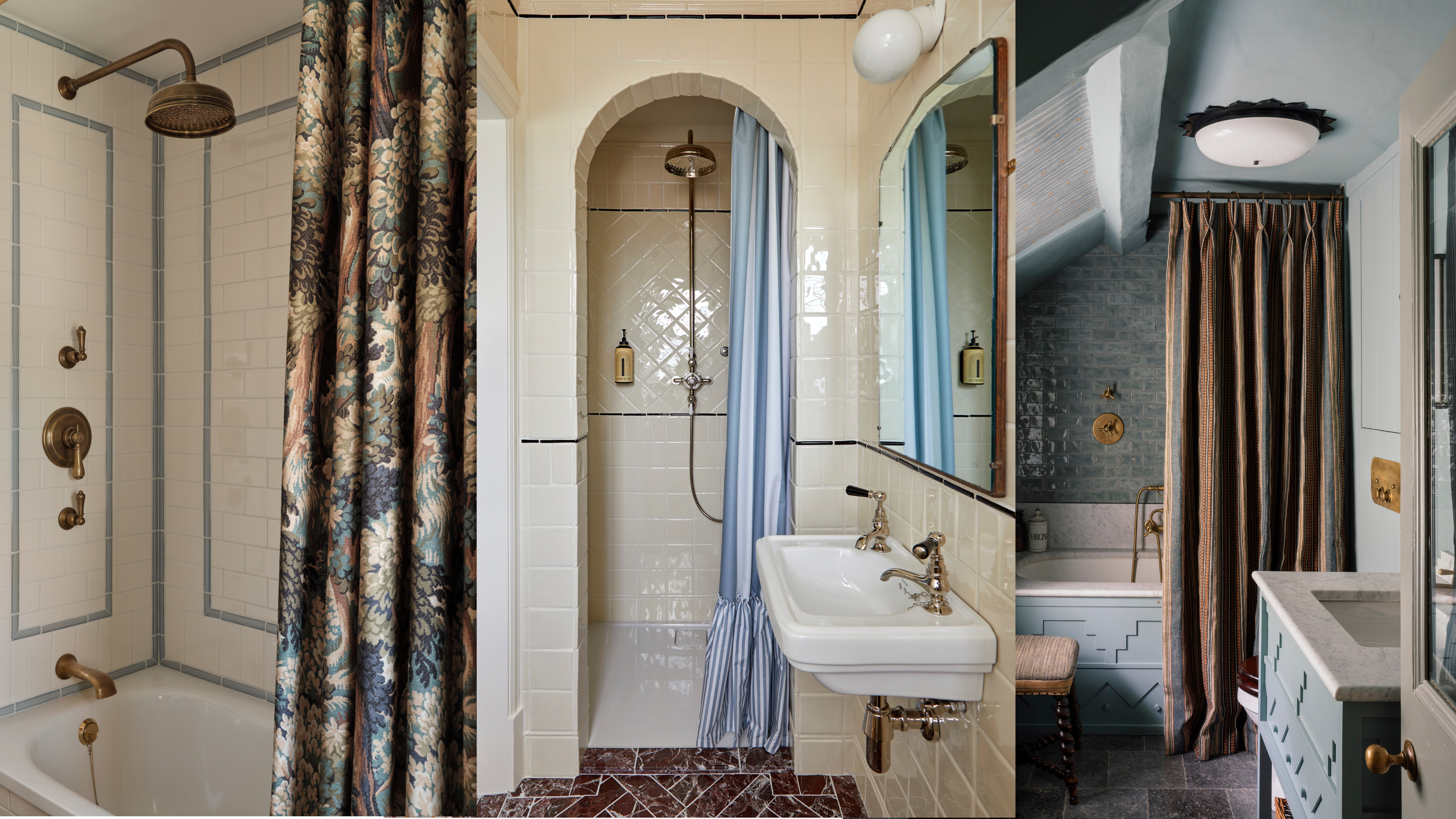 three pictures of patterned fabric shower curtains 