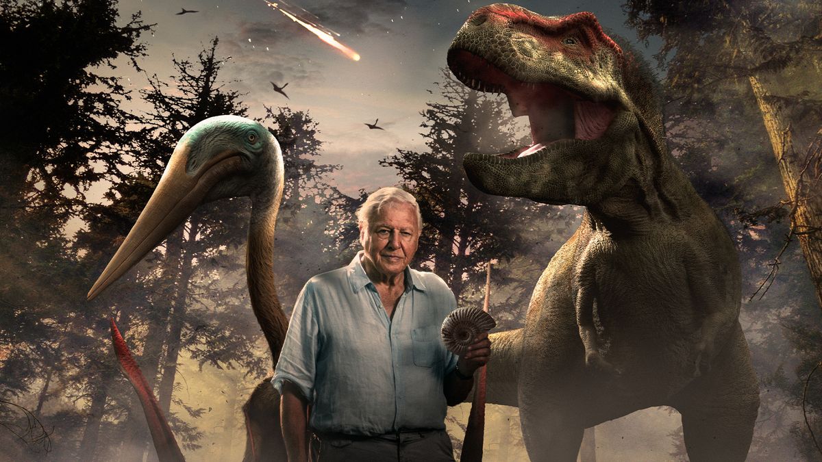 &quot;Dinosaur Apocalypse&quot; promotional image shows Sir David Attenborough holding an ammonite as a CGI pterosaur and T. rex loom behind him, with an asteroid streaking across the sky.