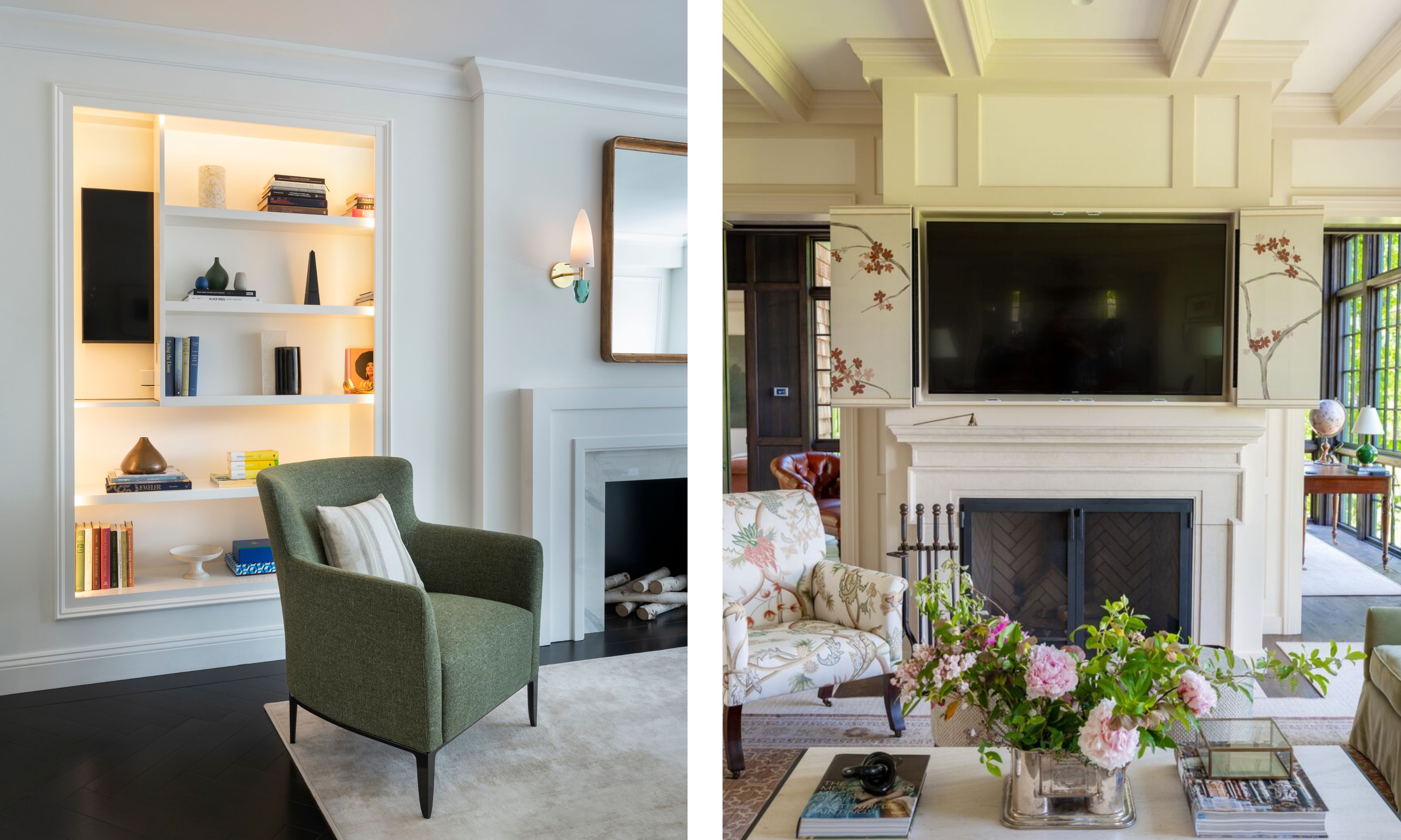 side by side images of two neutral living rooms with hidden TVs