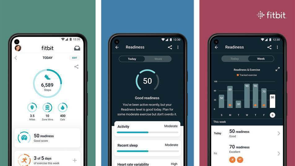 Tiga tangkapan layar menunjukkan Skor Kesiapan di aplikasi seluler Fitbit