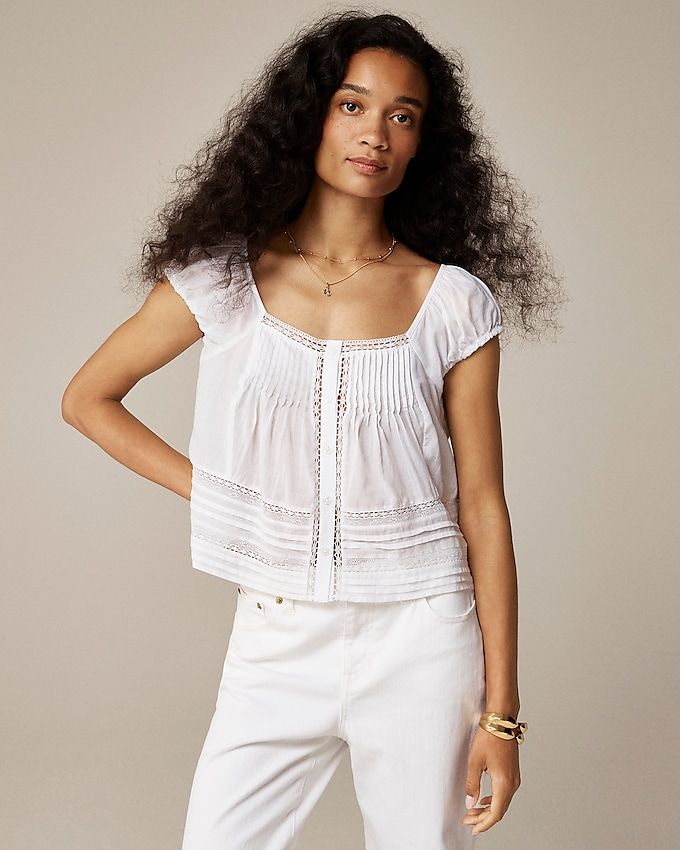 Cap-Sleeve Lace-Trim Top in Cotton Voile