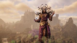 A mage wearing purple robes and a bone headdress stands on a mountain. A ruined castle crouches in the background.