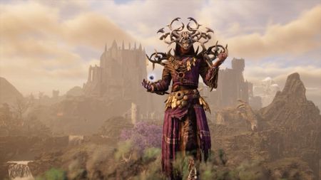A mage wearing purple robes and a bone headdress stands on a mountain. A ruined castle crouches in the background.