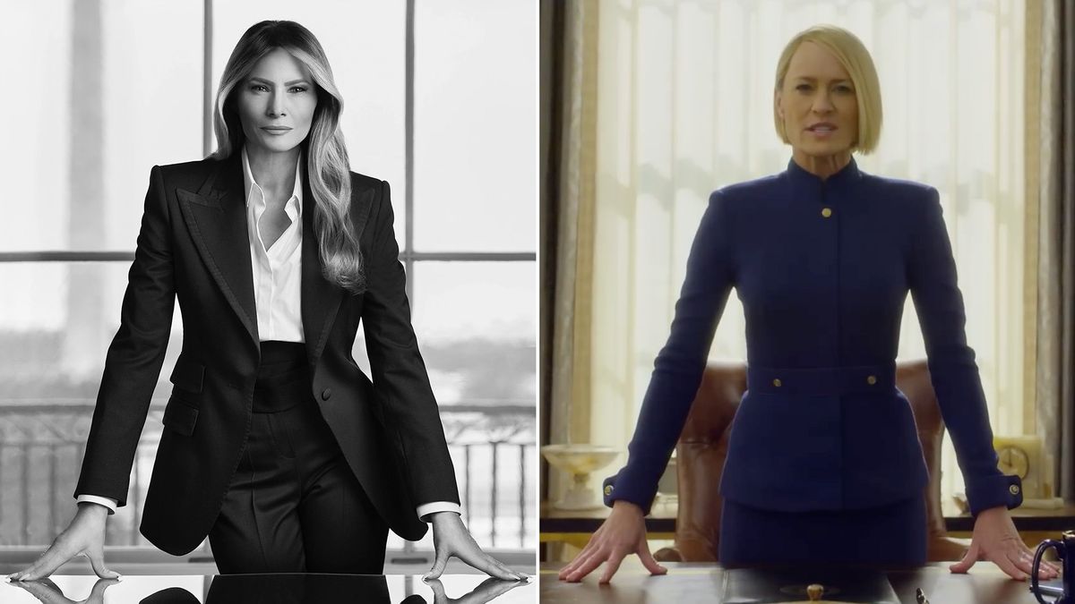 Left image: Black and white photo of FLOTUS Melania Trump standing at desk in front of window with Washington Monument in background. Right image: Screenshot of Netflix show House of Cards, with main character Claire Underwood stood at Resolute desk, backlit.